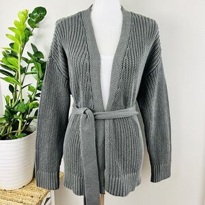 Haven Well Within Gray Thick Knit Metallic Cotton Blend Lurex Belted Cardigan M